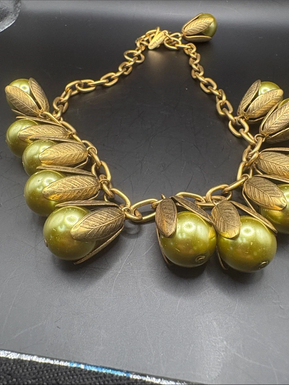 Lenora Dame Olive Green Pearl Leaf Statement Necklace Gold Tone Retired